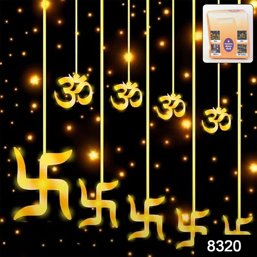 Swastik om Curtain Decorative Lights, String Lights with 12 Hanging Props138 LED, Diwali Decoration Items for Home Decor, Night Light, Room Lights for Bedroom, Balcony Decor.