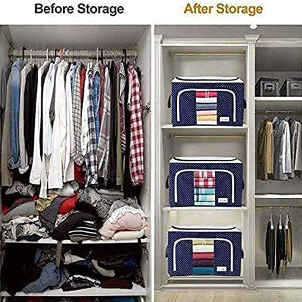 Foldable Steel Frame Clothes Living Storage Organizer Handled Bag 60cm X 43cm X 32cm (Mix Color)