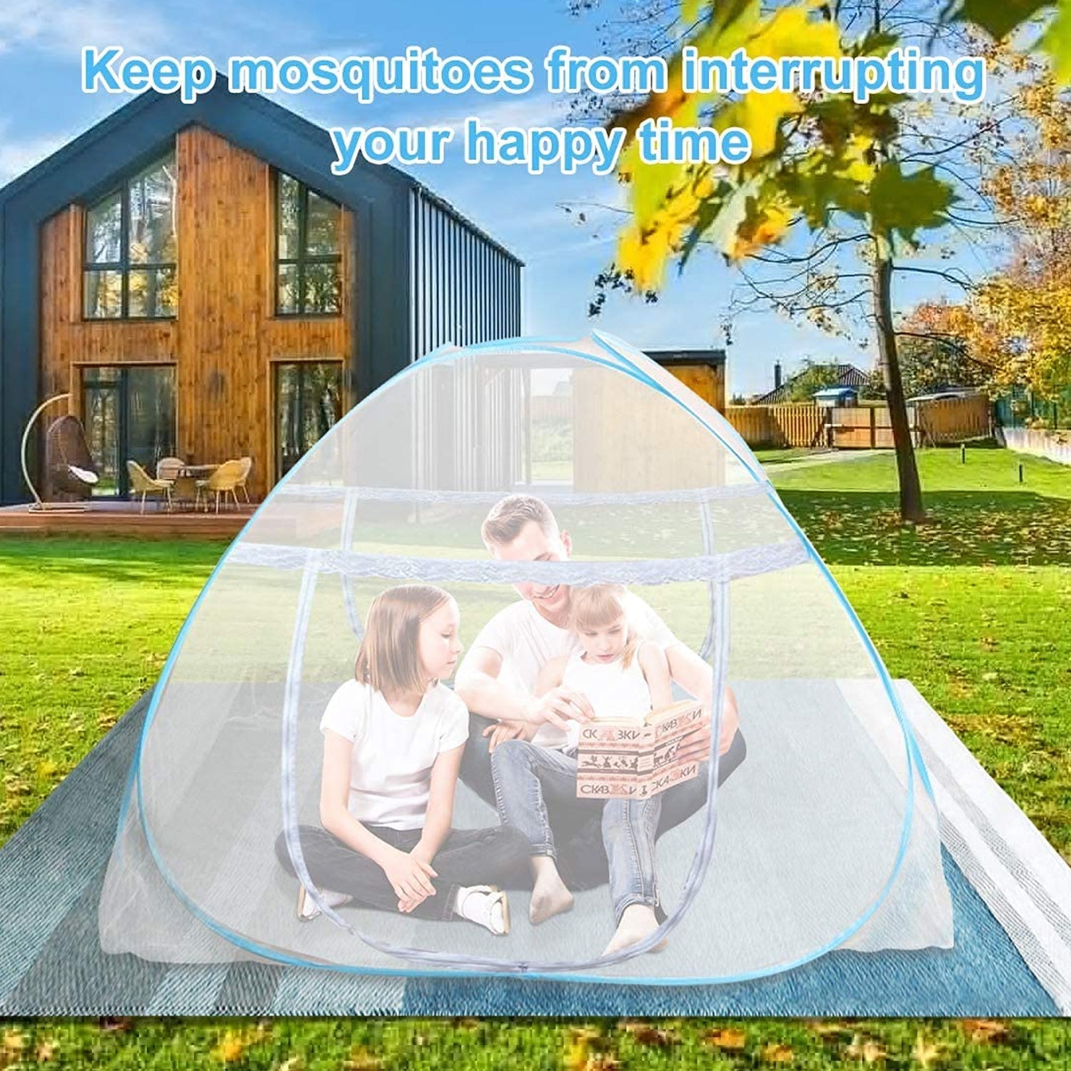 Family sitting under a mosquito net in a garden with text 'Keep mosquitoes from interrupting your happy time'.