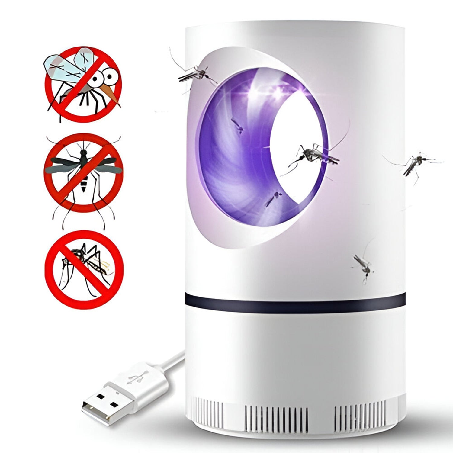 Mosquito killer lamp with purple light and USB cable on a white background
