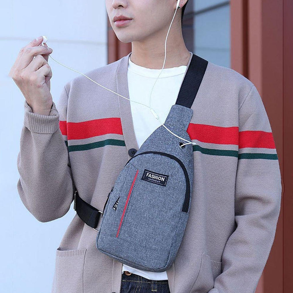 Grey crossbody fanny pack with earphone hook - Anti-Theft Crossbody Bag pack with USB Charging