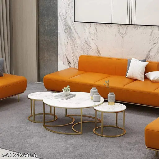 Round Nesting Coffee Table Set of 3 | Gold Metal Frame with Marble