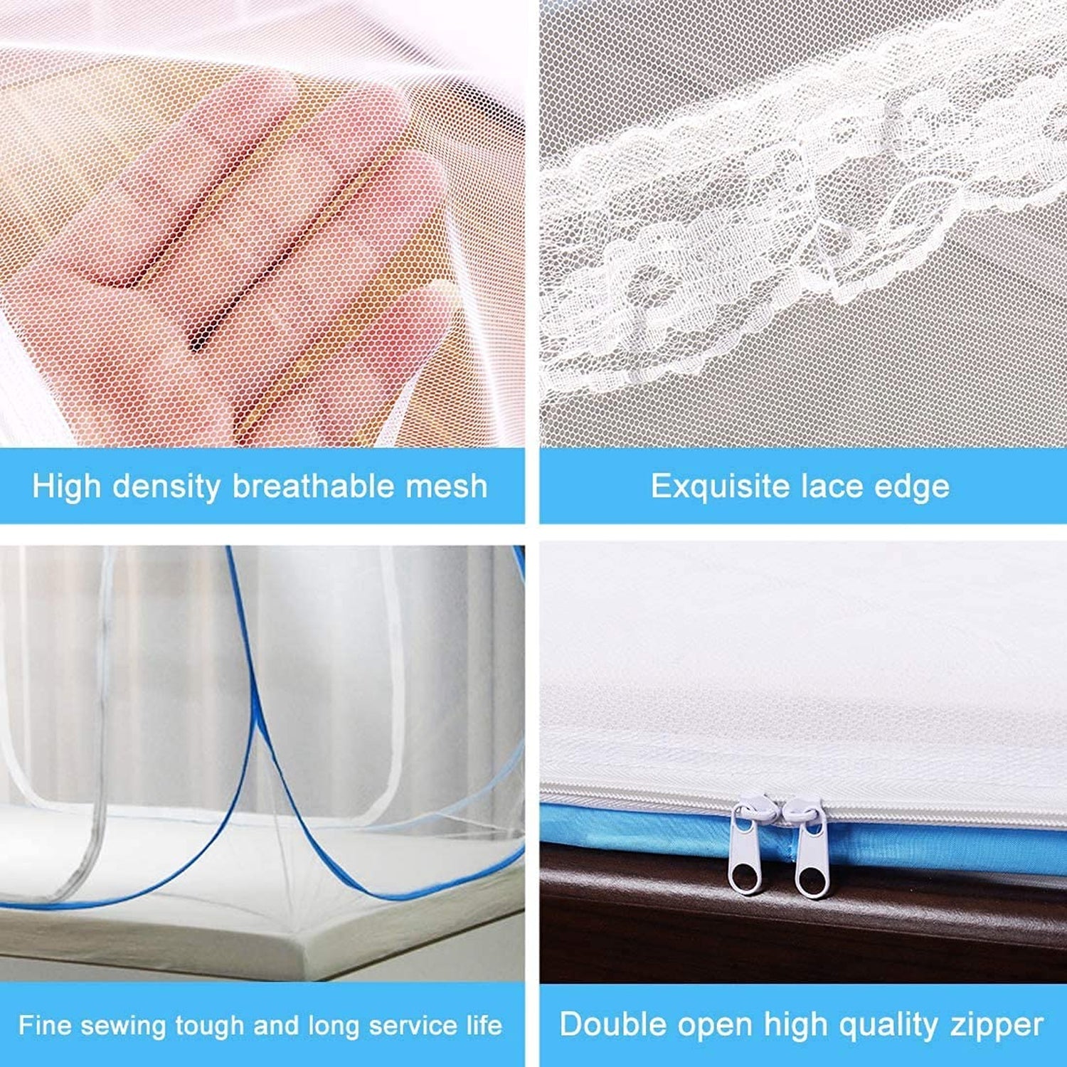 Product features including high-density breathable mesh, lace edge, tough sewing, and quality zipper.