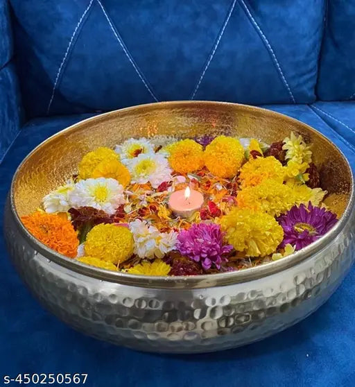 Onam Special Hammered Urli Bowl | 9‑Inch Brass Finish for Flowers & Tealights