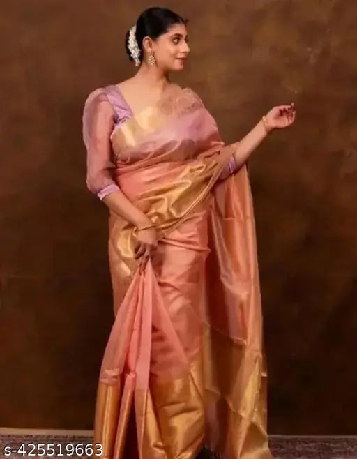 Wedding Anniversary Tissue Banarasi Pink Saree with Zari Border