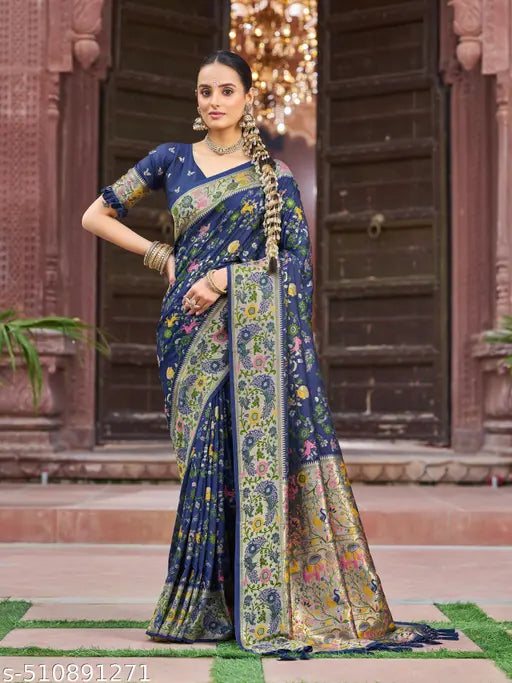 Kanchipuram Paithani Silk Saree | Navy Blue Handloom with Gold Zari Work