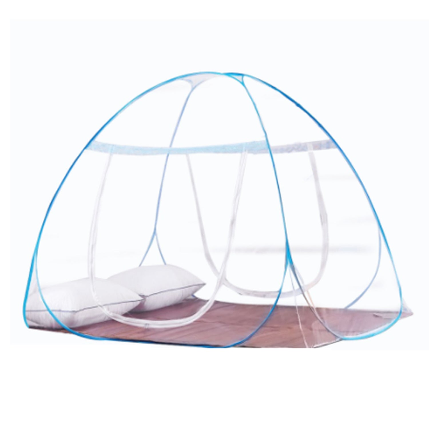 Mosquito net over a bed with pillows on a white background