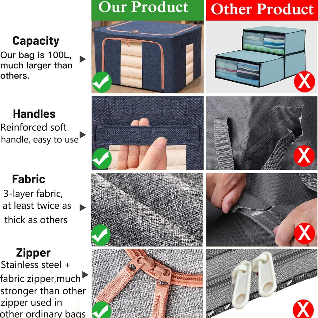 Foldable Steel Frame Clothes Living Storage Organizer Handled Bag 60cm X 43cm X 32cm (Mix Color)