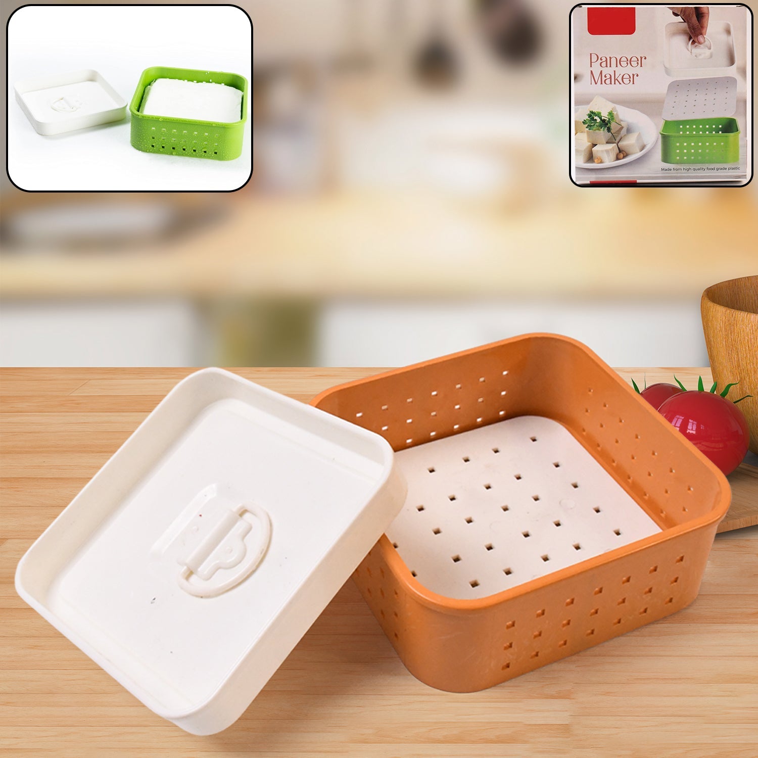 Orange and white plastic container on a wooden surface with inset images of its use.