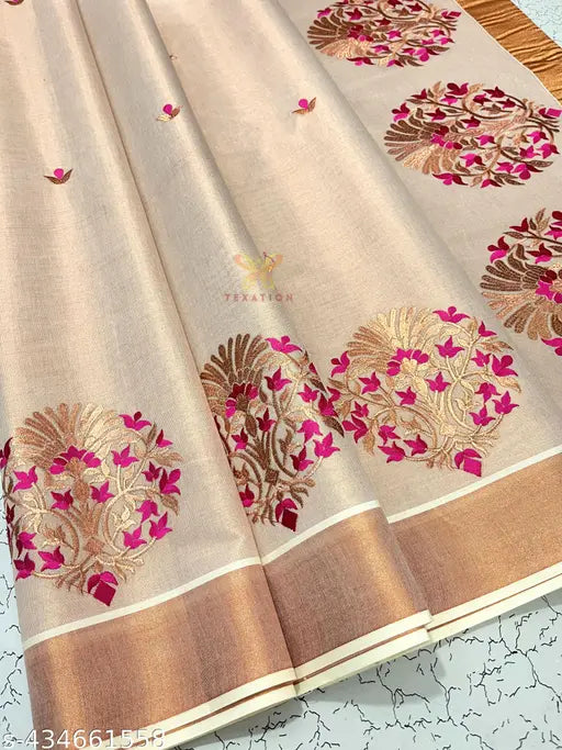 Onam Special Kerala Copper Tissue Embroidery saree with Running Blouse