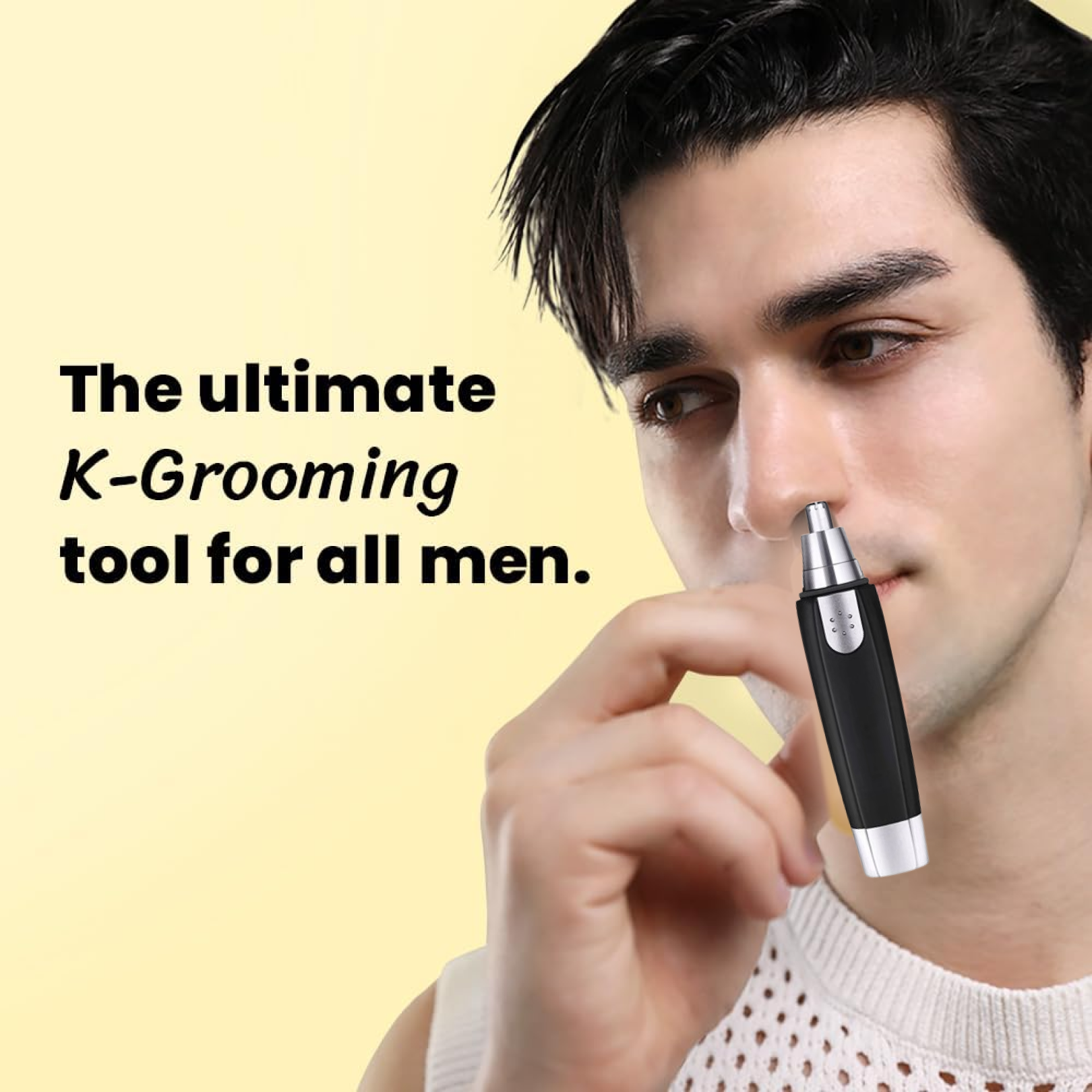 Sharp Steel Battery-Operated Ear and Nose Hair Trimmer in use by a man for K-Grooming.
