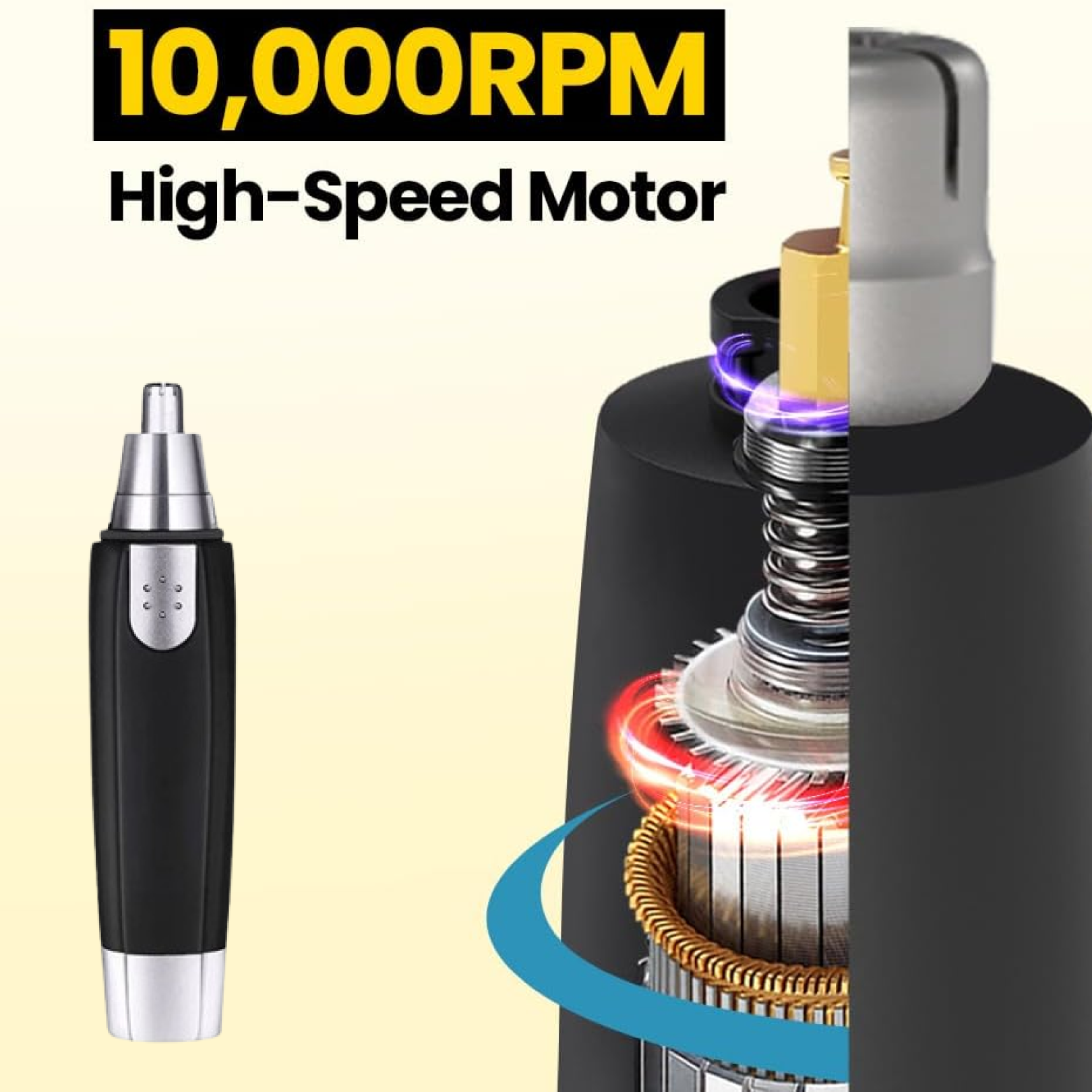 Sharp Steel Battery-Operated Ear and Nose Hair Trimmer with 10,000RPM high-speed motor for effective grooming.
