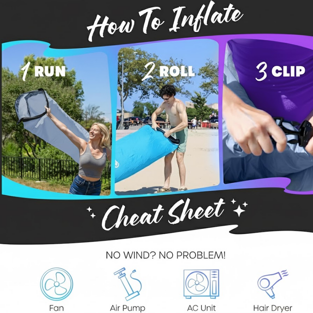 How to inflate an Inflatable Lounger Sofa using steps: run, roll, and clip. Easy inflation guide for outdoor use.