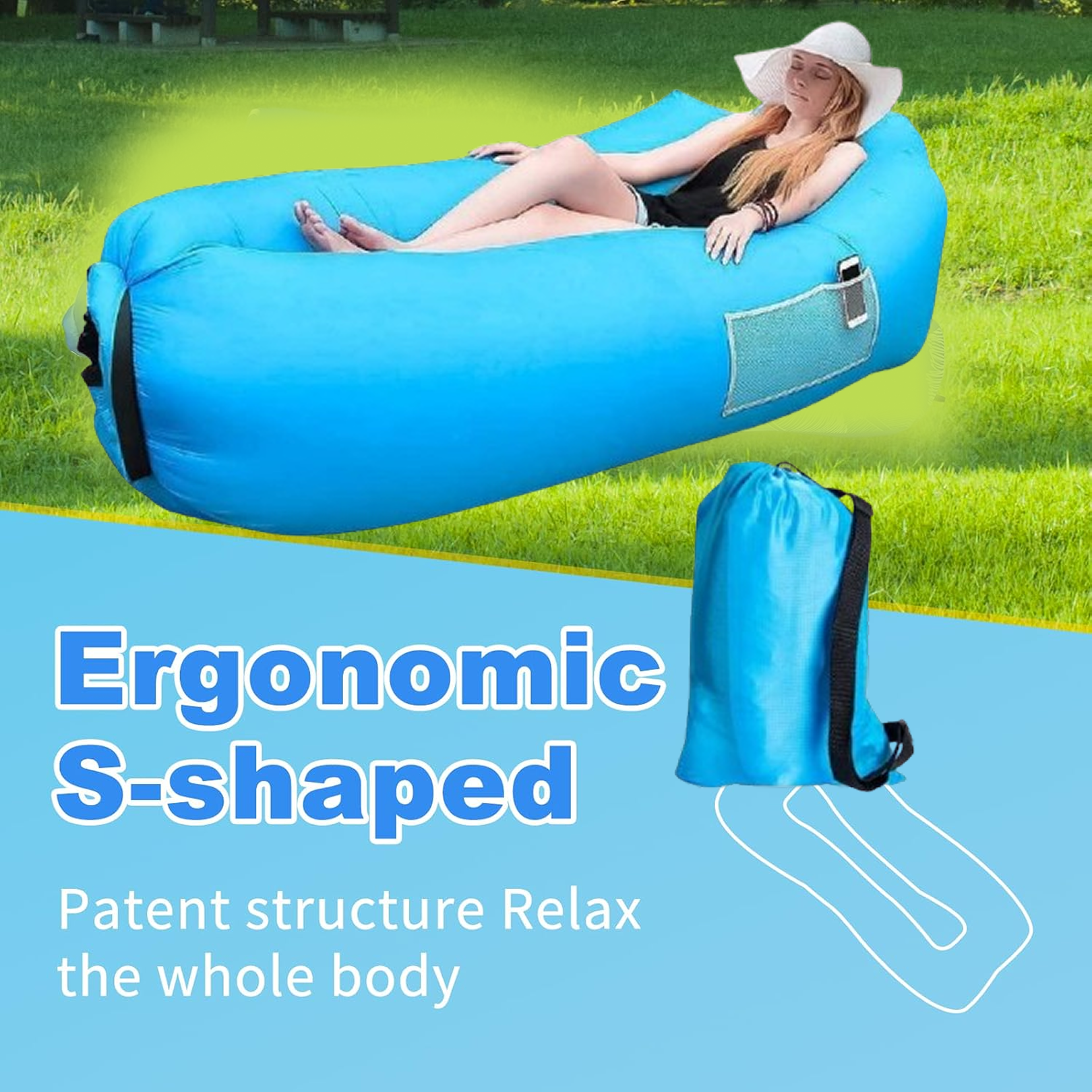 Inflatable Lounger Sofa for Camping, ergonomic S-shaped design, perfect for relaxing outdoors.