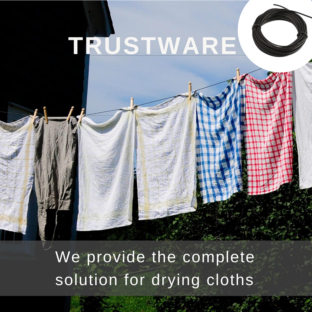 Clothes hanging on a clothesline with 'Trustware' branding and text about drying clothes.