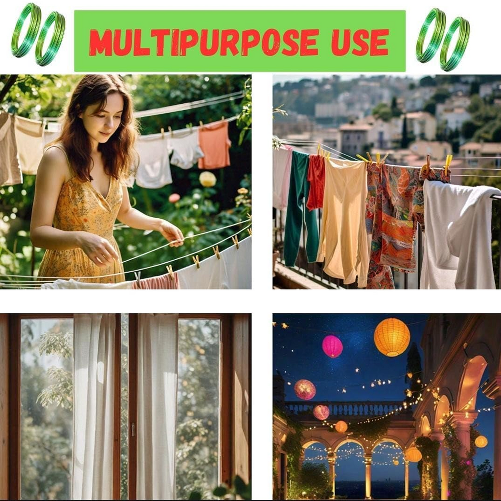 Woman hanging clothes on a line with text 'Multipurpose Use' above, followed by images of clothes drying, a scenic view, a window with curtains, and outdoor string lights.