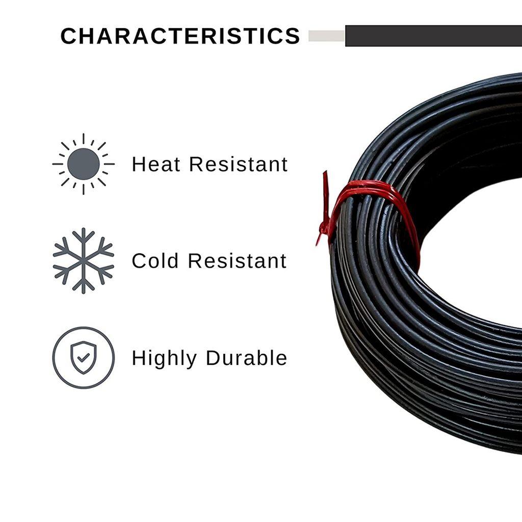 Coiled black cable with text indicating heat resistant, cold resistant, and highly durable characteristics.