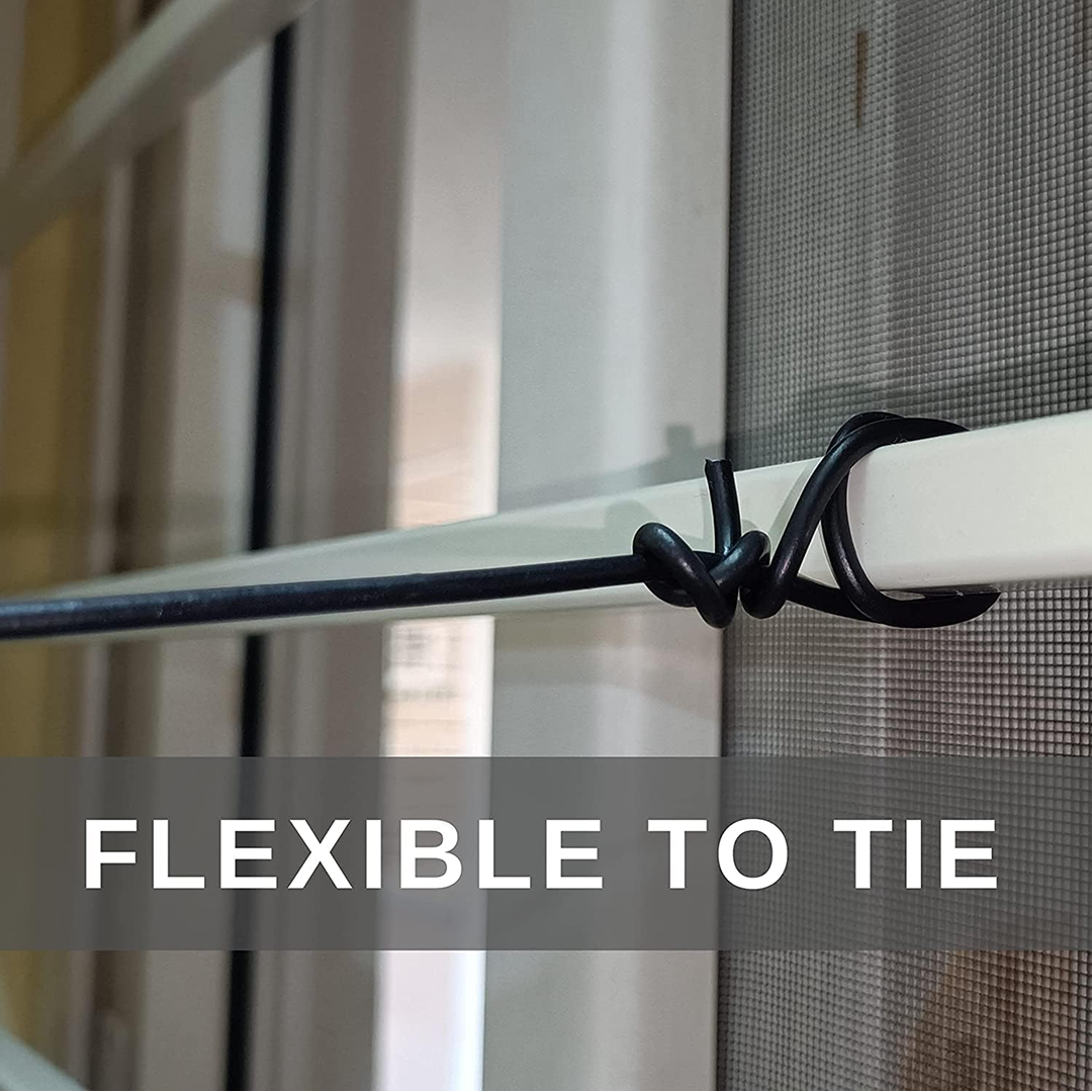 Window screen with a flexible tie used to secure it in place.