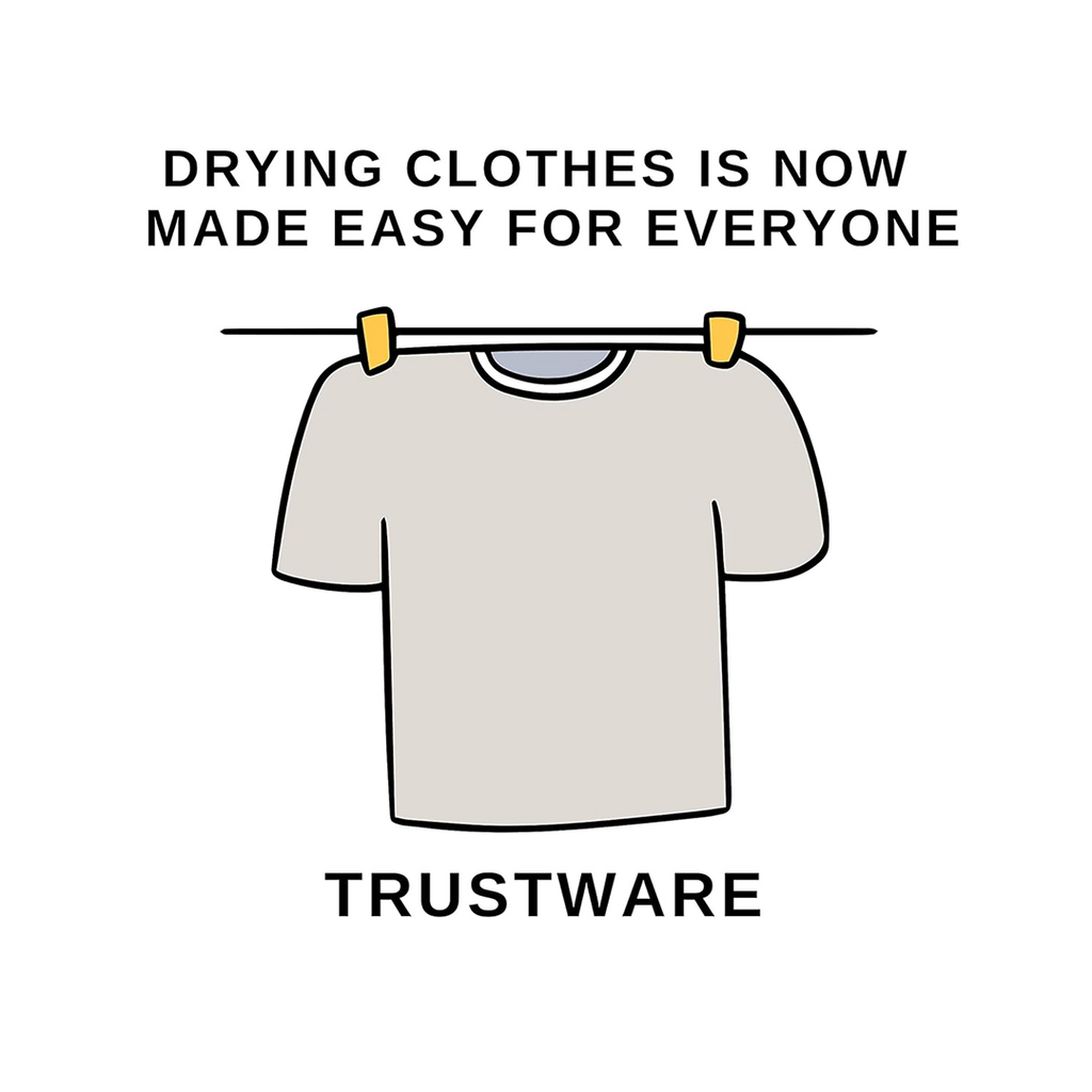 T-shirt hanging on a clothesline with text 'Drying clothes is now made easy for everyone' and brand name 'Trustware'.