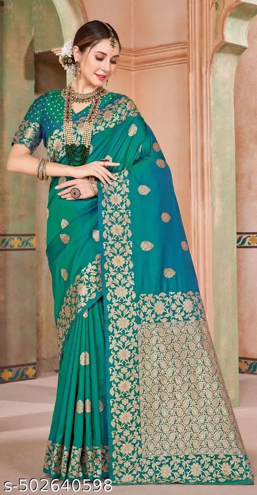 Rama Green Pure Banarasi Silk Saree – Handloom Floral Zari Work
