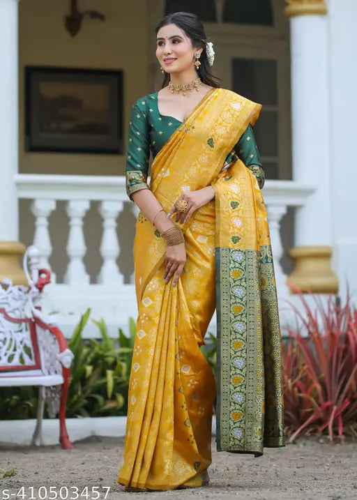 Mustard Cotton Silk Jacquard Saree – Banarasi Party Wear