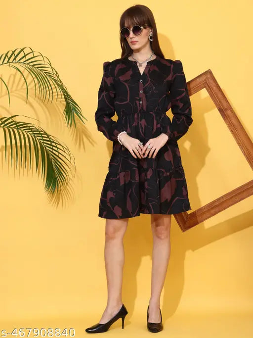 Women’s Floral Printed Fit & Flare Midi Dress with Mandarin Collar