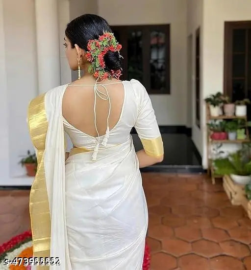 Women’s White & Gold Kasavu Saree | Cotton Handloom