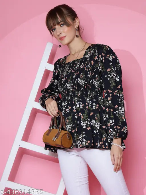 Women’s Floral Printed Crepe Peplum Top – Black, Long Sleeves