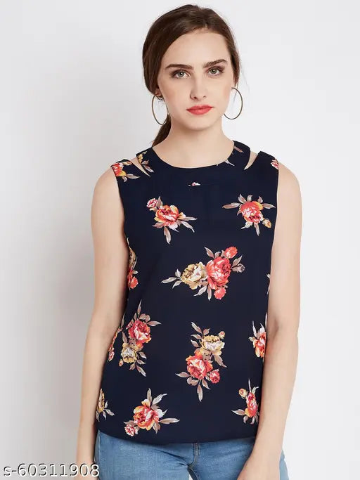 Women’s Floral Printed Sleeveless Polyester Top – Navy Blue