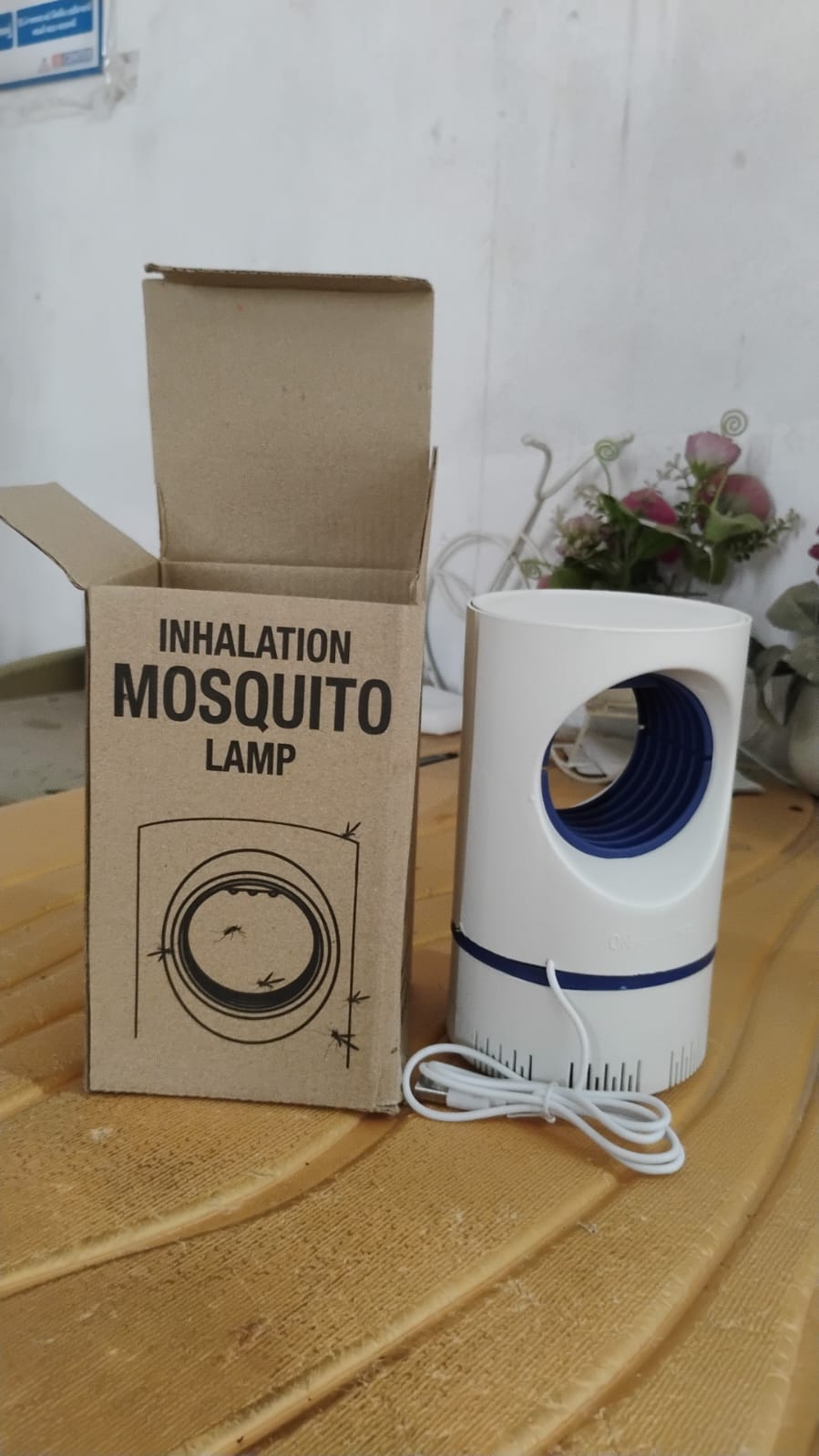 Inhalation mosquito lamp with cardboard box on a wooden surface