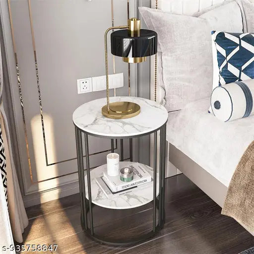 Black Frame Marble Look Nightstand for Living Room & Bedroom