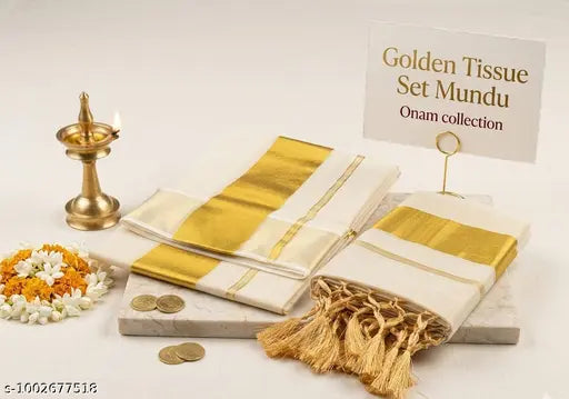 Onam Special Tissue Setumundu | Kerala Traditional Kasavu Saree Style (2×2.8M)