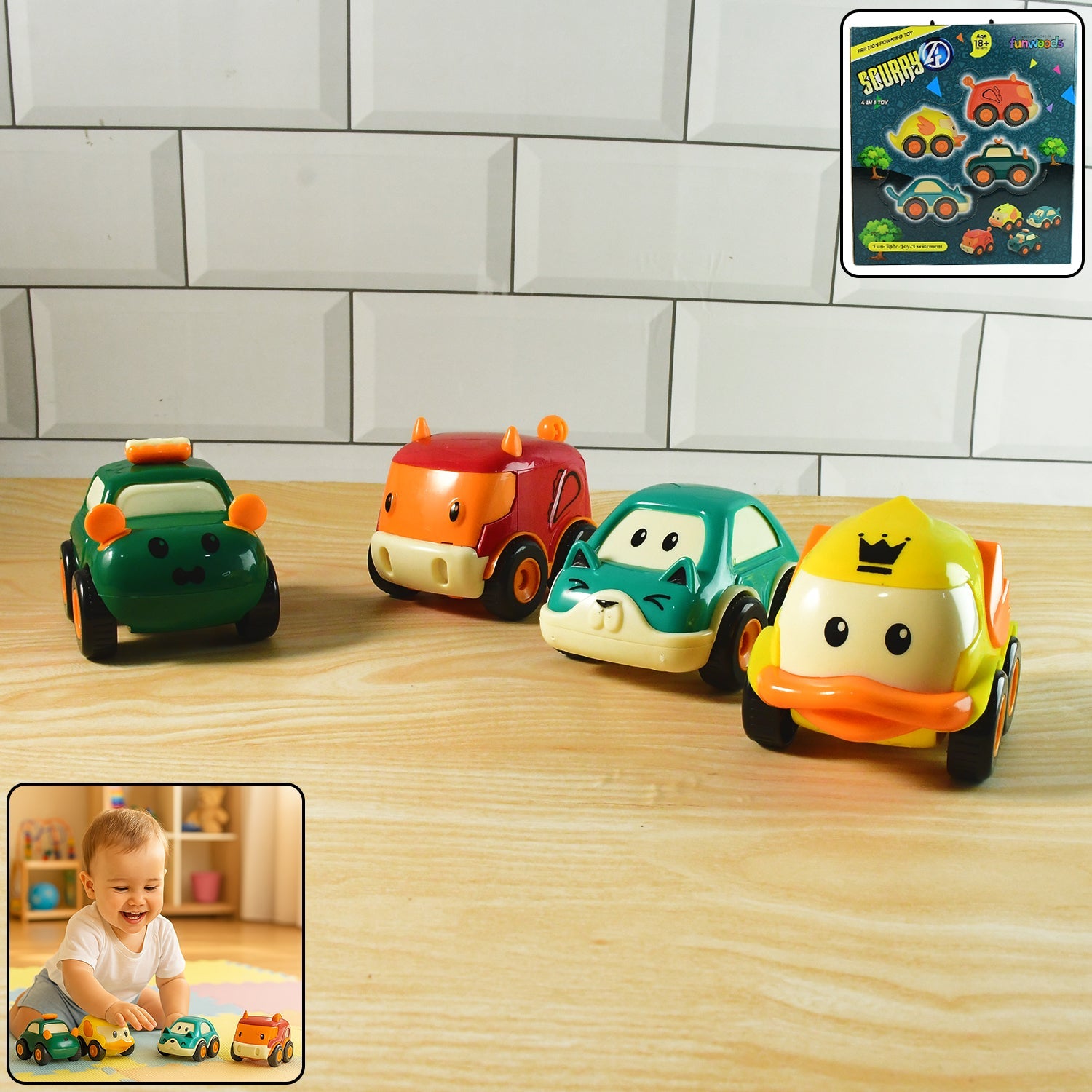 Funwoods Animal Cartoon Pull-Back Toy Car - (4 Pc / Set)