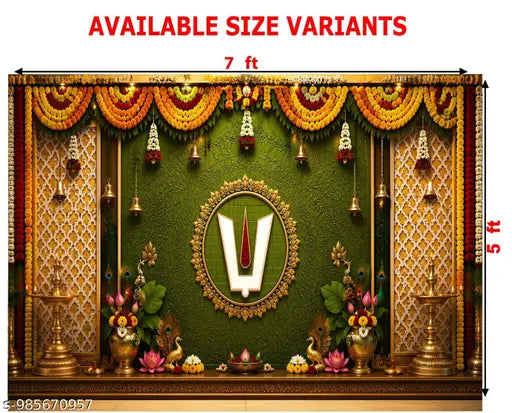 A decorative green and gold altar-style backdrop with floral garlands, hanging bells, lamps, and a central white letter V, shown with dimension labels reading 7 ft wide by 5 ft high and the text 'AVAILABLE SIZE VARIANTS' at the top.