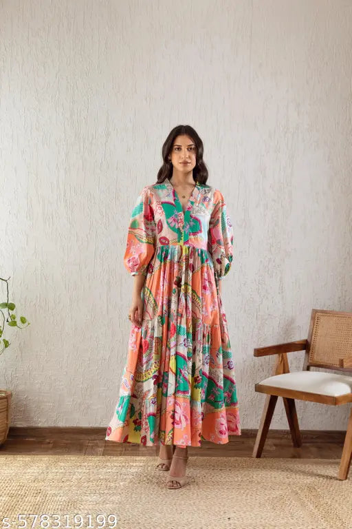 Women’s Multi‑Colored V‑Neck Fit & Flare Maxi Dress – Crepe