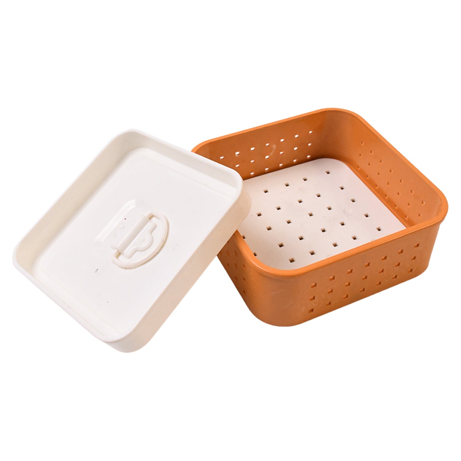 Orange and beige container with a lid on a white background