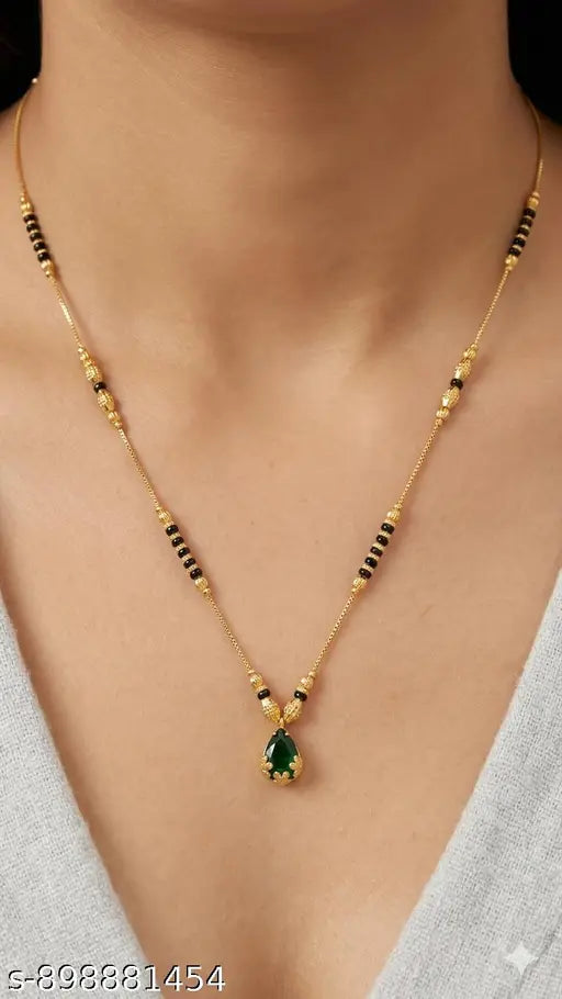 Gold Plated Black Beads Mangalsutra with Green Pendant