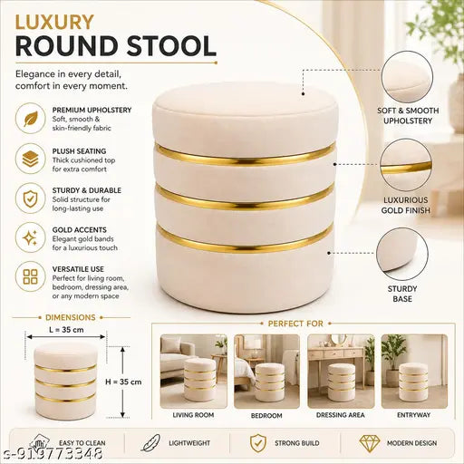 Velvet Ottoman Stool Set of 2 | Cream Round Pouffe with Gold Ring Design