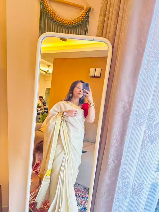 Kerala Kasavu Golden Tissue Saree | Cream Handloom with Zari Border & Blouse