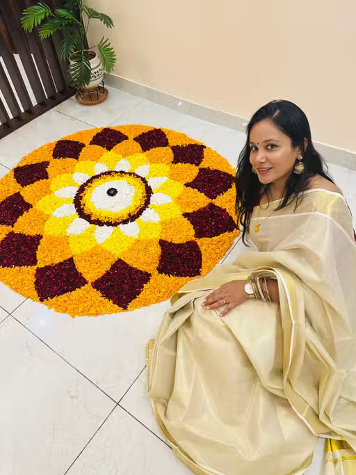 Kerala Kasavu Golden Tissue Saree | Cream Handloom with Zari Border & Blouse