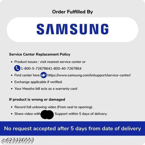 Samsung service center replacement policy information card with contact details and warranty information.