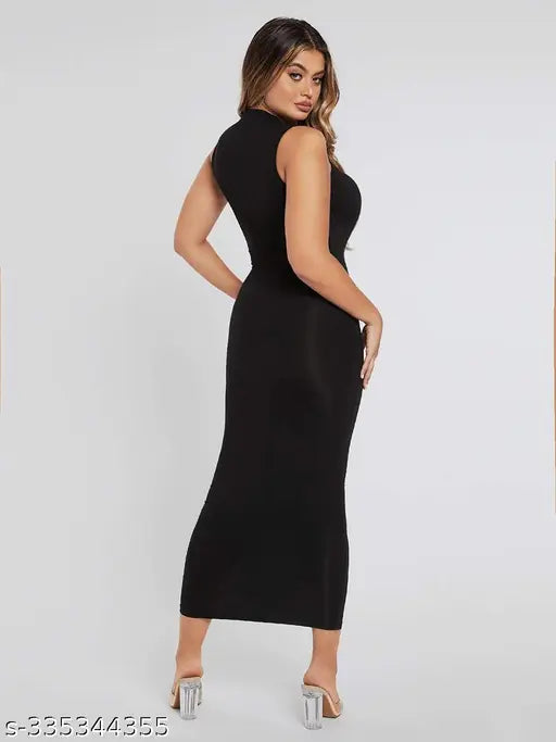 Solid Sleeveless Bodycon Dress – Black, Calf Length