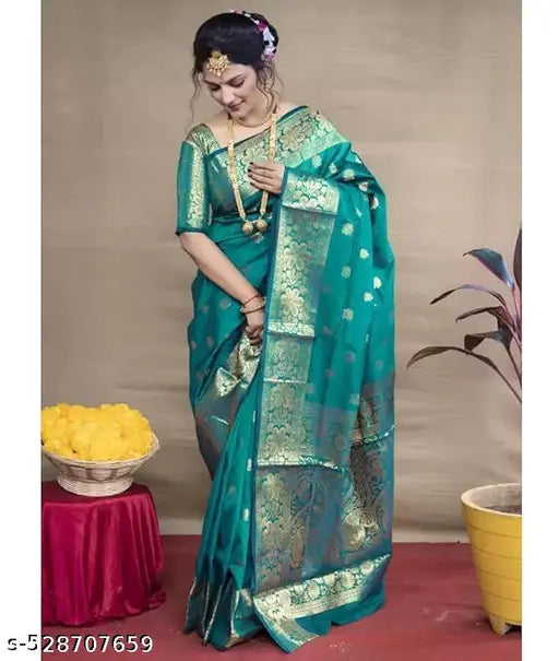 Rama Green Banarasi Silk Saree – Golden Zari Border