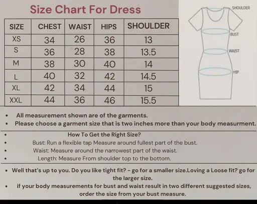 A size chart for a dress showing measurements for sizes XS through XXL in a table format, with a line drawing of a fitted dress and labels for shoulder, bust, waist, and hip. The header reads 'Size Chart For Dress' and the bottom includes the brand name 'SHEETAL by Sheetal'.