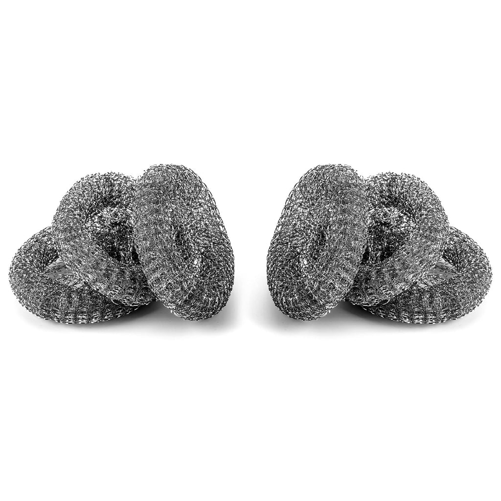 Set of 6 stainless steel scourers for tough cleaning jobs in the kitchen. Durable and rust-resistant.