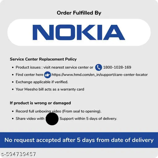 Nokia service center replacement policy card with contact information and warranty details.