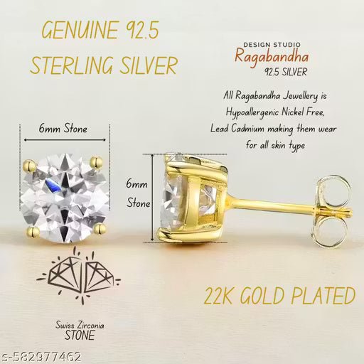 925 Sterling Silver Heart Solitaire Stud Earrings | Gold Plated Zircon 6MM