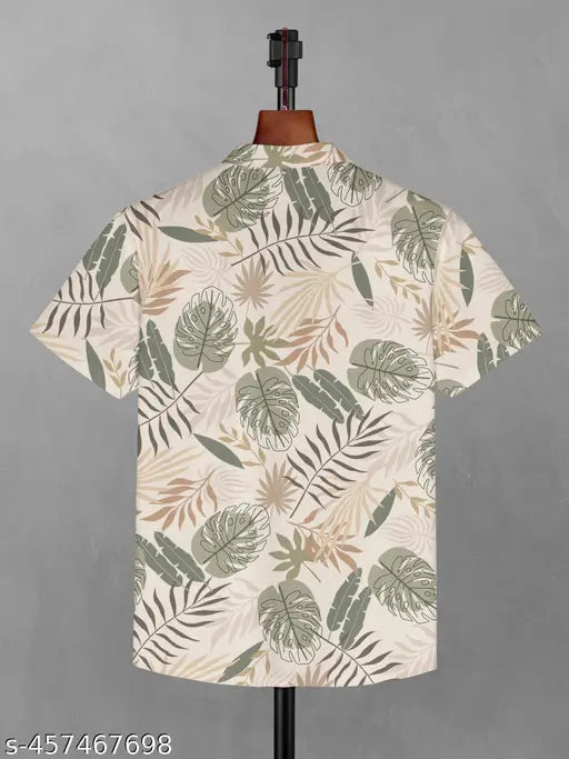 Men’s Regular Fit Botanical Printed Cotton Blend Casual Shirt – White, Half Sleeves