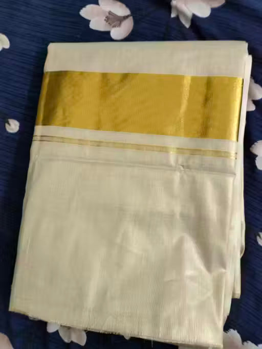 Kerala Kasavu Golden Tissue Saree | Cream Handloom with Zari Border & Blouse