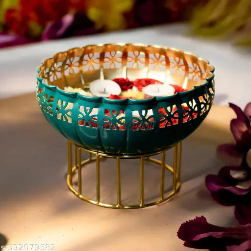 Onam Special Green Urli Bowl with Stand | Floating Flowers & Tealight Holder